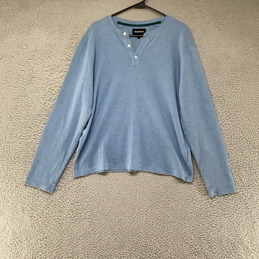 Bonobos Henley Shirt Mens Medium Blue Waffle Knit Long Sleeve Thermal Top
